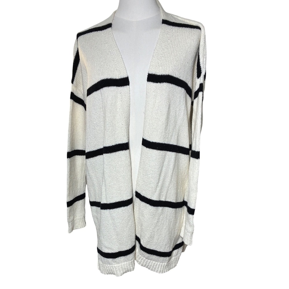 Loft Cotton Wool Cardigan Open Front Striped White Black Sz S Nautical